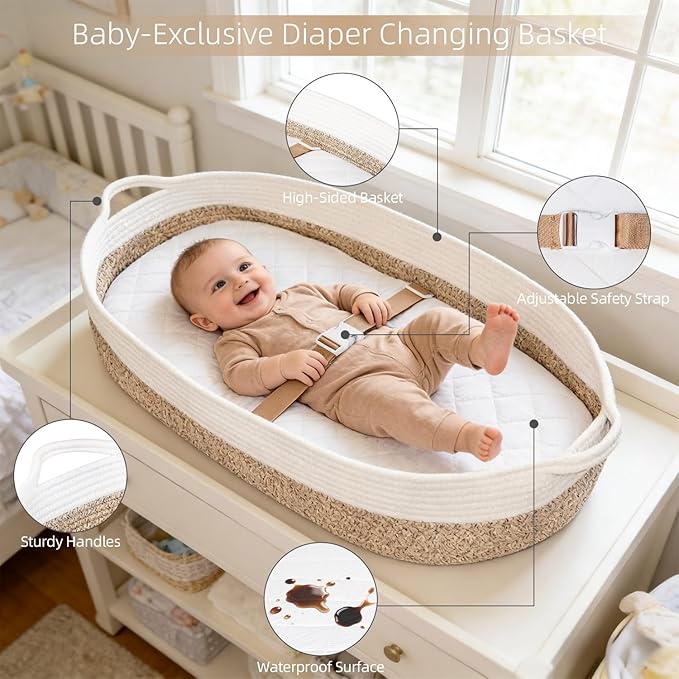 Baby Changing Basket with Diaper Changing Pad, Breathable & Waterproof Dual-Cover Foldable Portable Travel Cotton Rope Baby Changing Mat for Dresser & Table Gift for Baby Shower