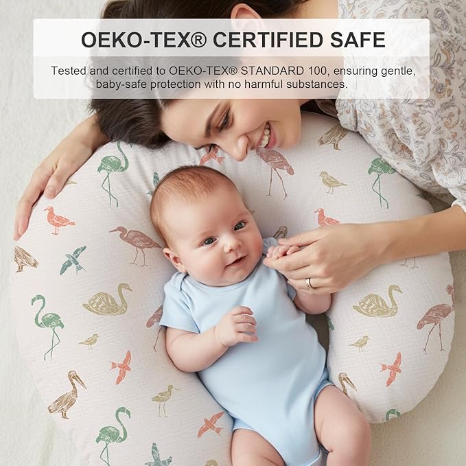 Little Grape Land Muslin Nursing Pillow Covers, 100% Cotton Removable Breastfeeding Pillow Covers, Breathable Slipcover for Baby Boys & Girls, (Wetland Birds & Rosy)