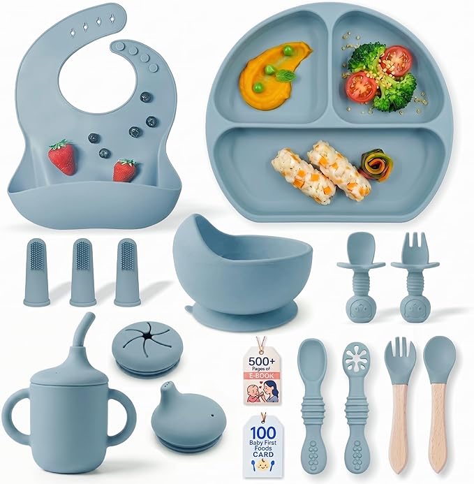 Remonda 17-Piece BPA-Free Baby Silicone Feeding Set | Extra Large Suction Plates, Toddler Bowls, Self Feeding Spoons, and More | Dishwasher Safe| Infant Led Weaning Supplies（Blue）