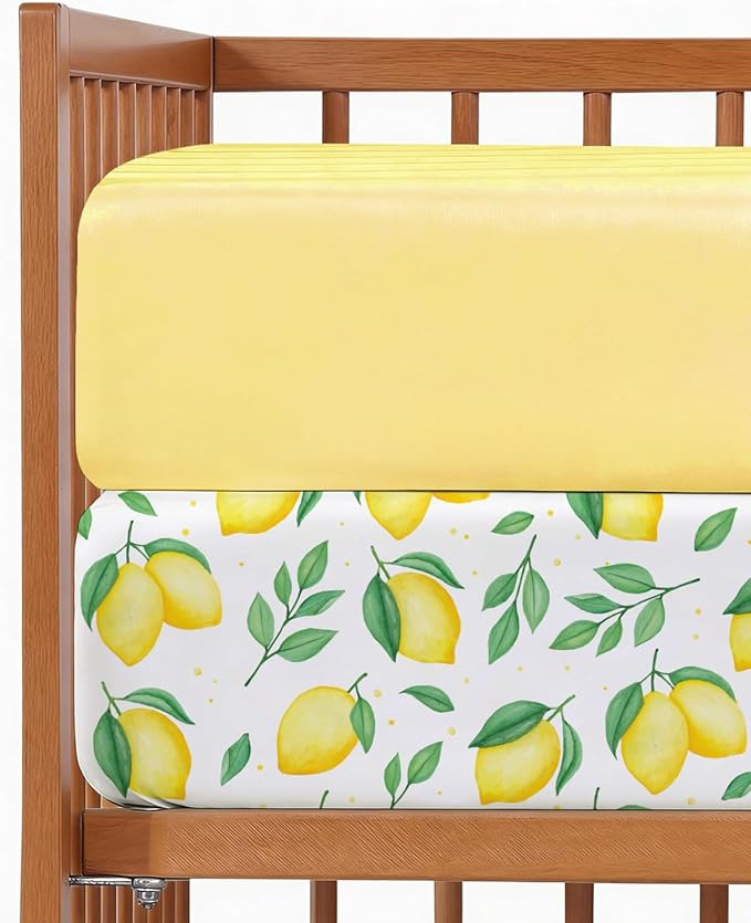 Baby Crib Sheets for Boys & Girls - Pack of 2 Fitted Microfiber Crib Sheets for Standard Crib & Toddler Mattress - Soft, Breathable and Wrinkle Free - Machine Washable - Oeko Tex - 52x28x8in - Lemons