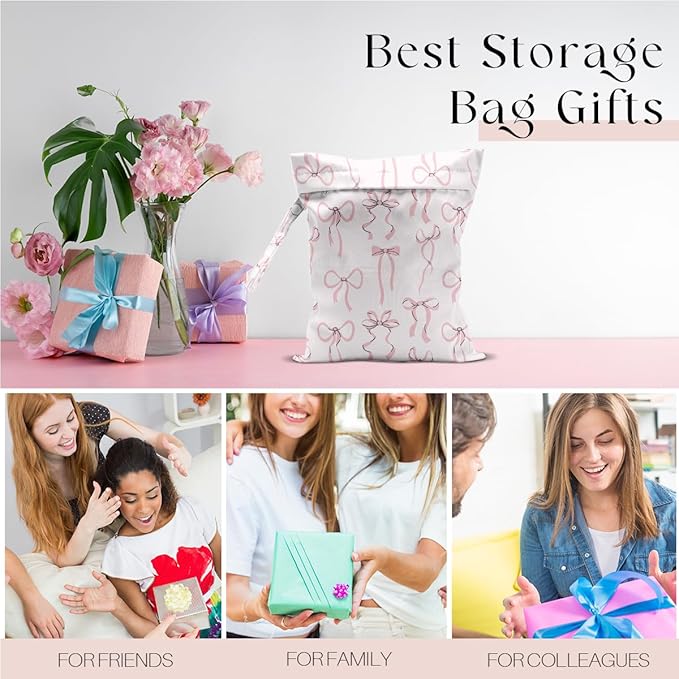 Wet Bag, Wet Dry Bag, Swimsuit Bags, Beach Essentials, Waterproof Bags for Travel, Beach, Pool, Diapers, and Dirty Yoga Gym Clothes (Pink Bow Decor)