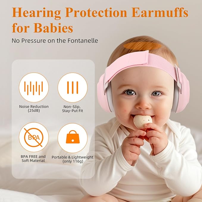BEBOAN Baby Ear Protection for Infants & Toddlers(0–48 Months), 25dB Noise Cancelling Headphones for Airplane Travel - Improve Sleep - Party, CE & ANSI Certified, Soft Adjustable & Comfortable, Pink