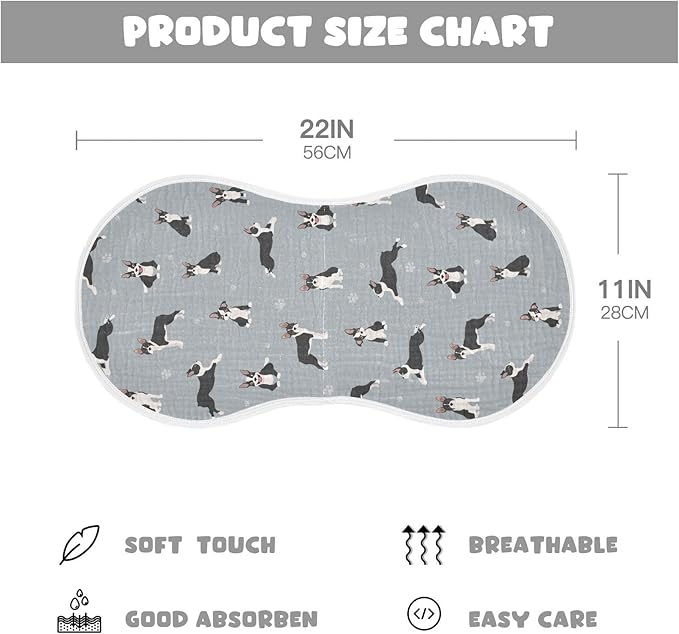 Muslin Burp Cloths for Baby Boys and Girls - 4-Pack Ultra Absorbent Boston Terrier Dog Muslin Washcloths, Newborn Towel, Milk Spit Up Rags, Burp Cloth Bib for Unisex, 22 x 11 Inch