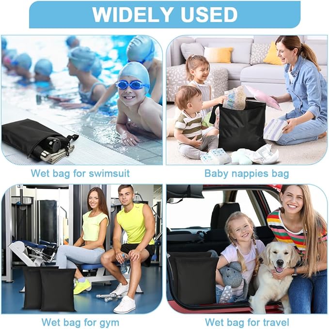 3PCS Wet Bags, Waterproof Travel Laundry Bag, Reusable Cloth Diaper Bags with Handle & Zipper, Washable Travel Tote Organizer Yoga Bag for Baby Items, Wet Swimsuits, Beach, Gym, Camping (Black)