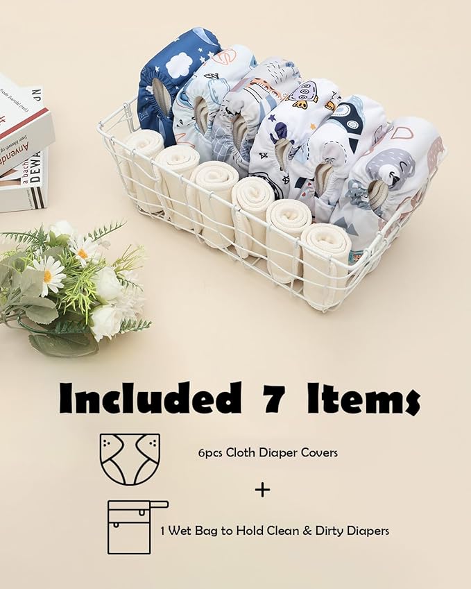 ALVABABY Cloth Diaper Covers 6pcs and 1 Wet Dry Bag, Washable Reusable Diaper Cover with Multi-Functional Bag, Cloth Diaper Shell for Prefold, Flat or Fitted Cloth Diaper Inserts 6NKZ09