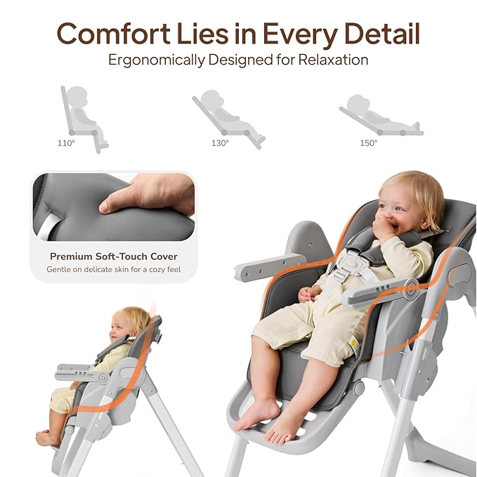 Tinyiota 4 in 1 High Chairs for Babies and Toddlers with Wheels, 8-Height Adjustable & 3-Position Recline, Easy Clean, Dishwasher Removable Tray, Foldable HighChair for Infant, Meets ASTM Safety, Grey