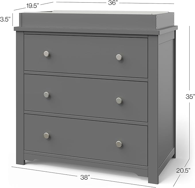 Child Craft Harmony 3-Drawer Dresser with Changing Table Topper, 38" W Nursery Dresser and Changing Station, Smooth Glides, Baby-Safe Finish, Cool Gray