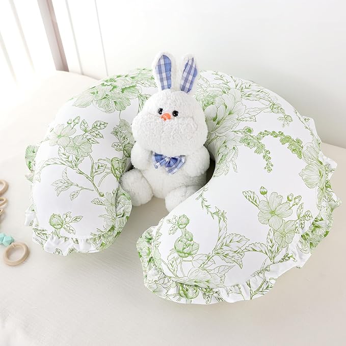 DILIMI Nursing Pillow Cover, Removable Ruffled Pillowcase for Breastfeeding Pillows, Ultra Soft Comfortable Slipcover for Baby Girl and Boy, Green Floral