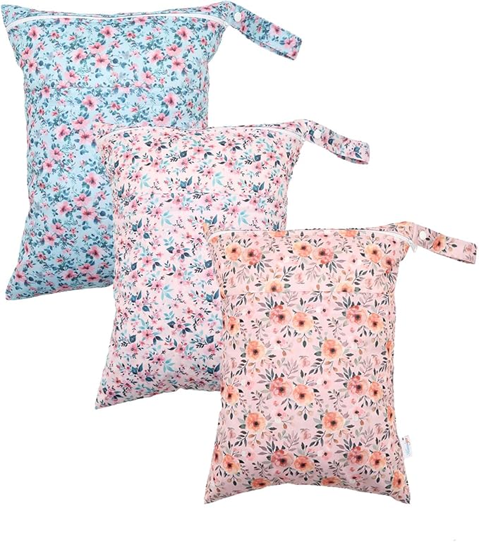 Wet Dry Bags Two Zipper Pockets Travel Beach Pool Reusable Waterproof Yoga Gym Bag for Baby Cloth Diaper Swimsuits Wet Clothes 3 Pack Flowers