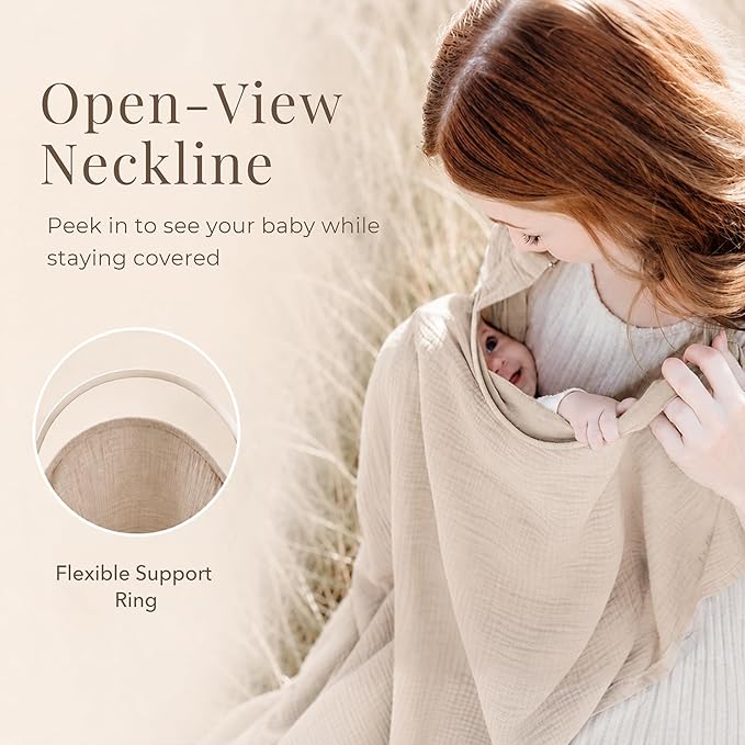 Konssy Muslin Nursing Cover for Baby Breastfeeding, Breathable 100% Cotton Breastfeeding Cover with Rigid Hoop for Mother Nursing Apron, Multi-use Carseat Canopy (Summer Wheat)