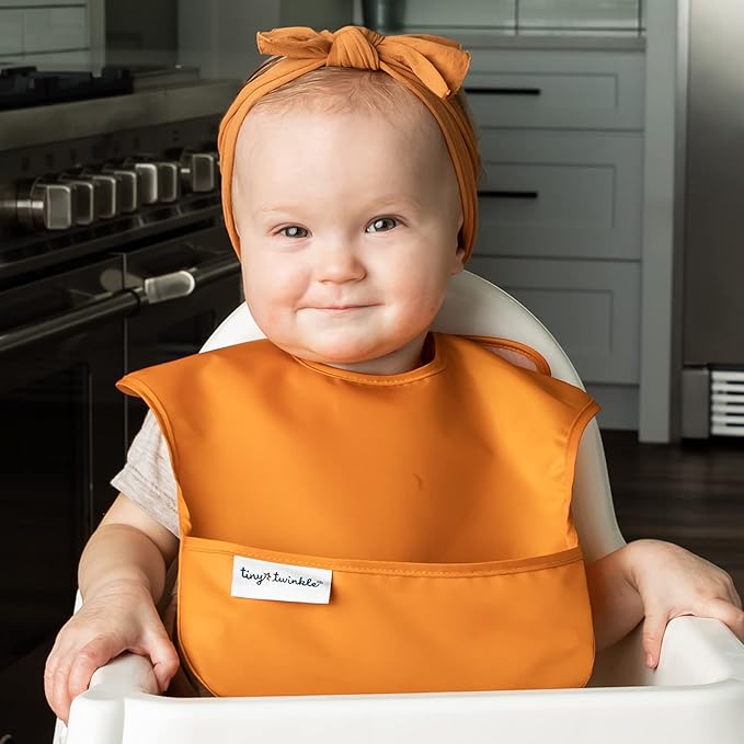 Tiny Twinkle Mess-Proof Baby Bib - Waterproof Bib for Baby Boy or Girl - Machine Washable, Adjustable Closure - PVC, BPA & Phthalate Free - Great for Travel - Baby Food Bibs (5 Pack, Girl Solids)