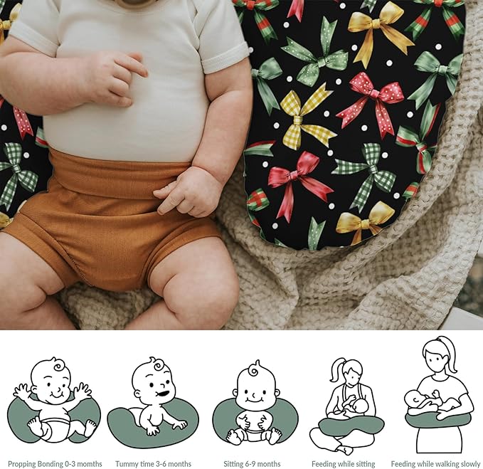Christmas Bows Baby Nursing Pillow Covers for Boy Girl Winter Bows Plaids Nursing Pillow Slipcovers for Breastfeeding Pillows Girly Christmas Ribbons Soft Stretchy Removable Covers for Newborn Infant