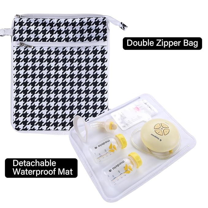 Breast Pump Bag Wet/Dry Bag with Preparation Place Mat, Waterproof Pump Parts Storage Bag for Moms Pumping at Work or Outdoors(Houndstooth)