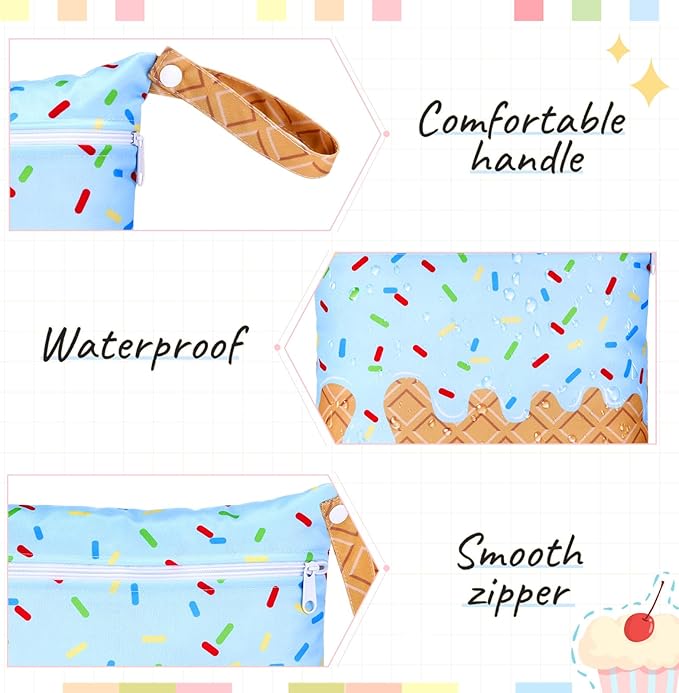 SATINIOR 2 Pack Wet Dry Bags Ice Cream Waterproof Pouch Large & Small Makeup Bag Baby Wet Bags Zipper Pouch for Baby Women Diapers Cloth(Blue)