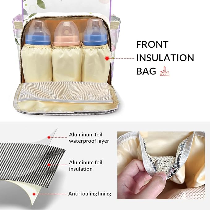 Purple Floral Elephant Cute Diaper Bag Baby Nappy Bag Daughter Multi-Function Custom Baby Bag Picnic Diaper Carrying Bag Unisex Gifts with Name