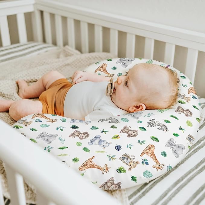 Tropical Safari Jungle Animals Green Leaves Baby Nursing Pillow Covers for Boy Girl Elephant Leopard Giraffe Hippo Nursery Pillowcase for Breastfeeding Pillows Soft Stretchy Slipcovers for Newborn