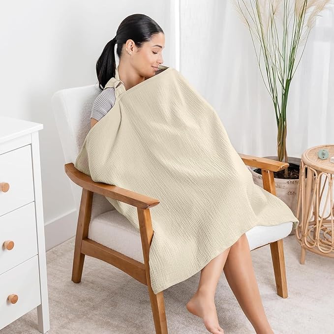 Cinaci 2 Pack Pure Cotton Muslin Lightweight Breathable Breastfeeding Nursing Cover Blankets with Adjustable Metal Clasp (Rainbow Khaki+Khaki)