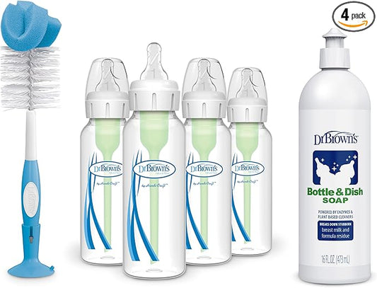Dr. Brown's Natural Flow Anti-Colic Options+ Narrow Baby Bottles 8oz/250 mL, Level 1 Slow Flow Nipple, 4 Pack, 0m+, with Reusable Sponge Cleaning Brush, Blue 1-Pack & Fragrance-Free Dish Soap, 16oz