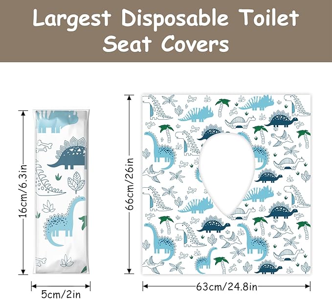 DEEKI 20 Pcs Toilet Seat Covers Disposable for Kids&Adults, Extra Large No-Slip Waterproof for Kids Toddler Potty Training, Portable Travel Essentials for Public Restrooms Toilets Airplane -Dinosaur
