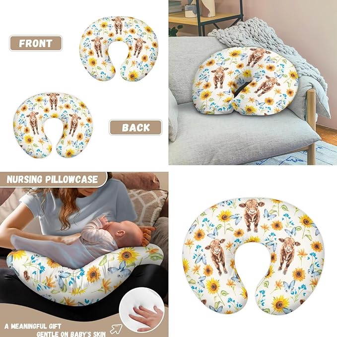 Sunflower Highland Cattle Car Seat Cover + U Shaped Pillow Case Cover Set of 2, Mom Nursing Covers Infant Breastfeeding Protectors for Shopping Cart/High Chair, Boys Girls