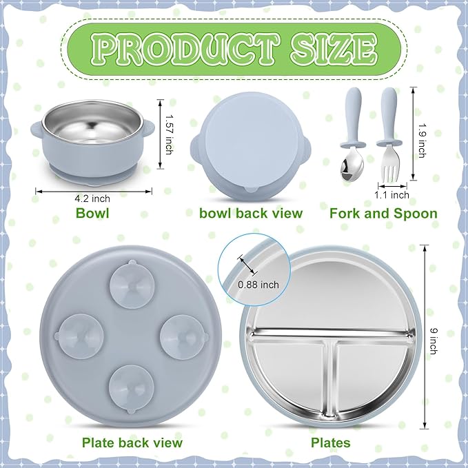Nuogo 8 Pcs Stainless Steel Kids Plates and Bowls Set with Suction Stainless Steel Baby Plate, Toddler Bowls, Forks, Spoons with Removable Silicone Suction Silicone Baby Feeding Set, Dishwasher Safe