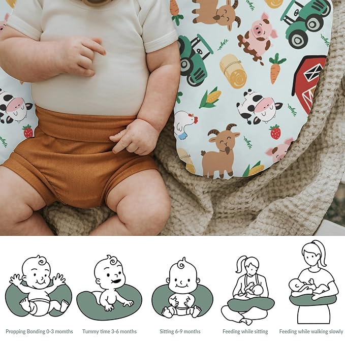 Colorful Farm Animals Baby Nursing Pillow Covers for Boy Girl Pig Cow Goat Chick Barn Tractor Nursery Feeding Pillowcase for Breastfeeding Pillows Farm Life Soft Stretchy Slipcovers for Newborn Infant