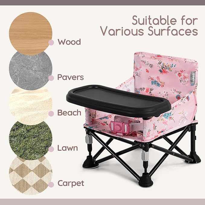 Booster Seat for Kitchen Chair with Removable Tray, Portable Foldable Baby Chair for Babies 6-36 Months, Indoor Outdoor Toddler Camping Chair (Pink Floral Design)