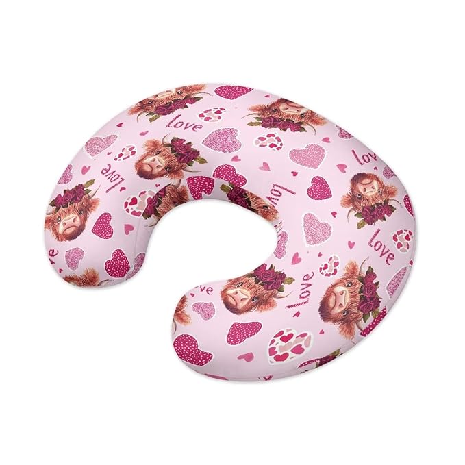 Pink Cute Cow Heart Valentine's Day Baby Nursing Pillow Cover Baby Breastfeeding Slipcover Infant Newborn Nursery Bottle Pillowcase Stretchy Replaceable Pillow Cover Slipcover
