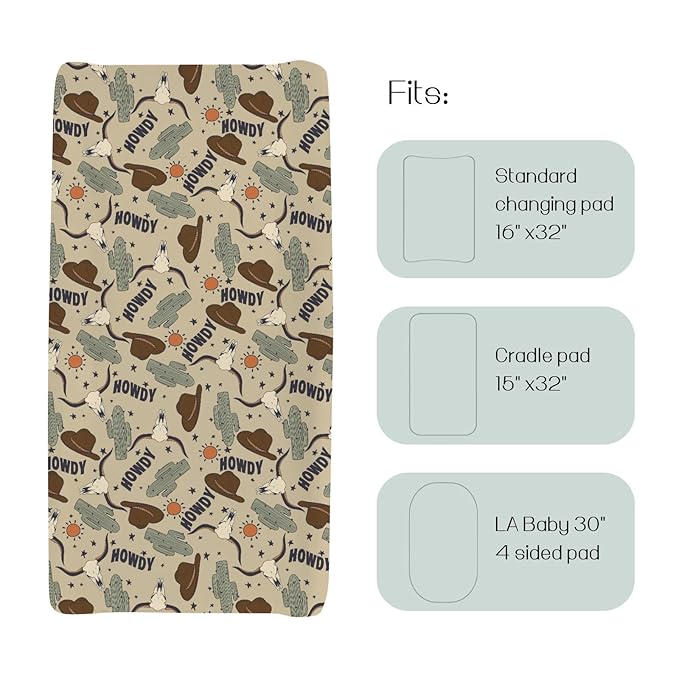 Western Cowboy Howdy Hat Cactus Changing Pad Cover for Baby Boys, Boho Wild West Cow Lover Sun Star Diaper Change Table Covers, Soft Stretchy Safe Snug Fitted Changing Mat Sheets Fit 32"/34" x 16"