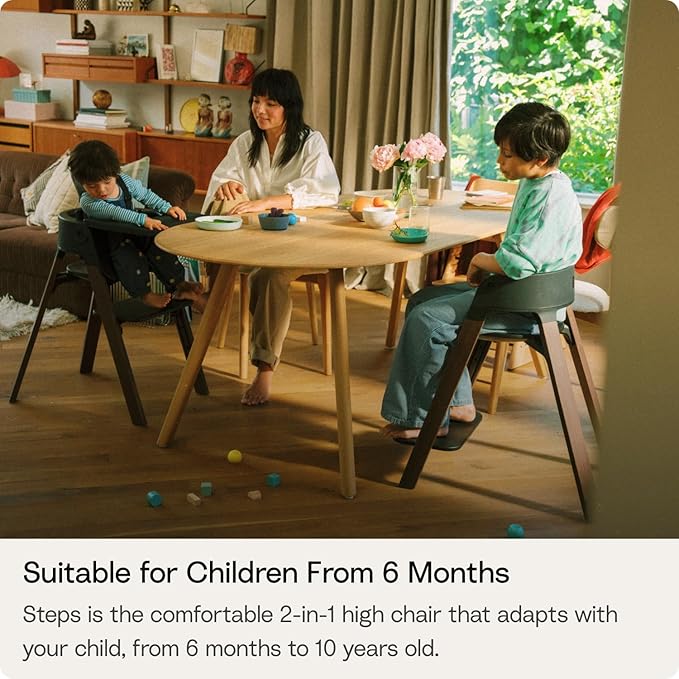 Stokke Steps High Chair for Babies & Children from 6 Months to 10 Years – 2-in-1 Adjustable & Ergonomic Design – Removable Baby Set, Tray & Safety Harness – 18.9 x 24.4 x 34.7 – Black/Warm Brown