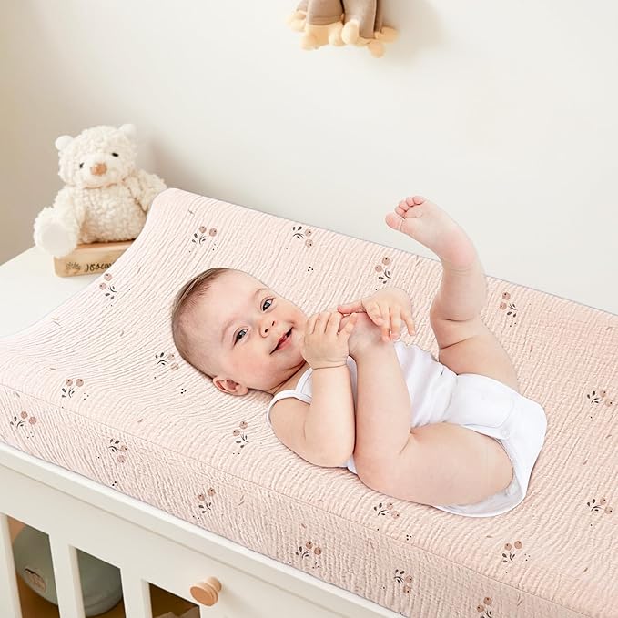Bearmoss Baby Changing Pad Cover, Muslin [100% Cotton] Diaper Table Covers, 32'' x 16'' Soft Breathable Changing Pad Sheets for Unisex Baby Girls and Boys with Strap Holes (Orange)
