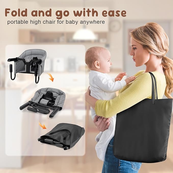 Portable Hook-On Baby High Chair with Clip-On Design & 37 lb Weight Capacity | Foldable Travel & Home Use for Babies 6-36 Months | Includes Storage Bag, Grey