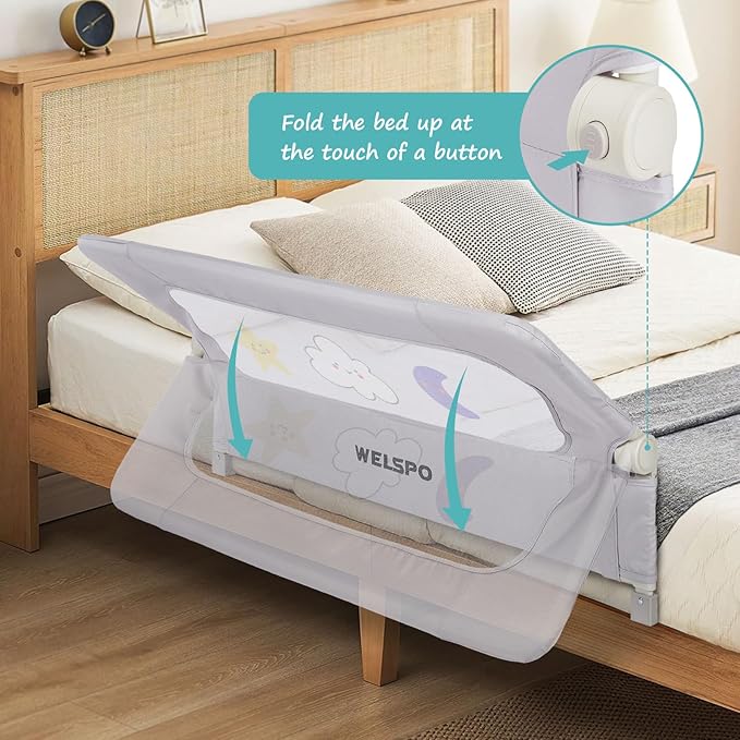 welspo Bed Rail for Toddlers, Foldable Swing Down Baby Bed Rail Guard, Extra Tall Child Safety Bedrail, Fits Twin Full Queen Bunk Beds(Grey, 47inch)