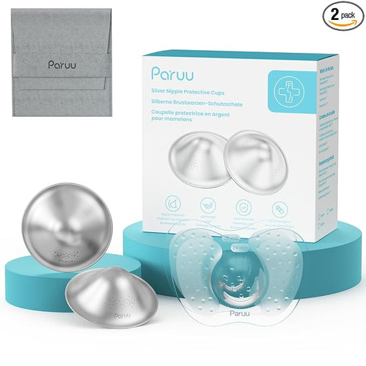 Paruu Silver Nipple Shields for Breastfeeding | 999 Silver Nursing Cups with Silicone Nipple Covers | IBCLC Recommended | Soothe Sore Nipples | Reusable Nipple Protectors for Newborn Moms