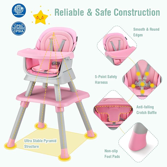 HOMGX Baby High Chair, 8-in-1 Convertible High Chair w/Removable Tray & Safety Harness, Infant Dining Booster Seat, Building Block Table & Chair Set, Highchair for Babies and Toddlers (Pink)