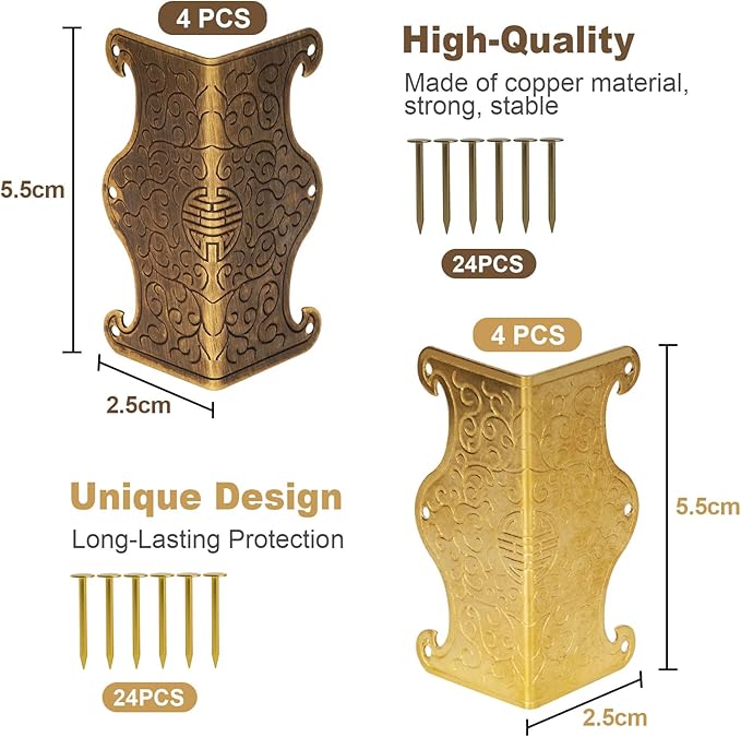 4 Pcs Baseboard Corner Protectors,Vintage Metal Skirting Board Corner Protectors for File Boxes,Bookshelves,Wooden Cases,Jewel Cases Decorative (Bronze)