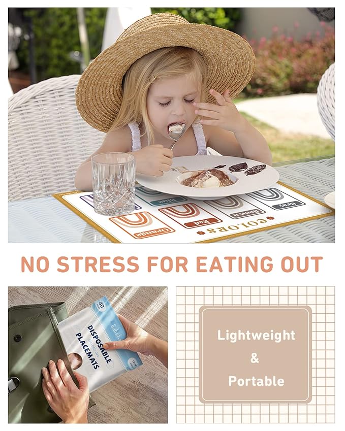 Babebay Disposable Placemats for Baby, 40 Pack Sticky Toddler Placemat for Restaurants, Dining Table, Party, Travel, 12" x 18" with 4 Designs