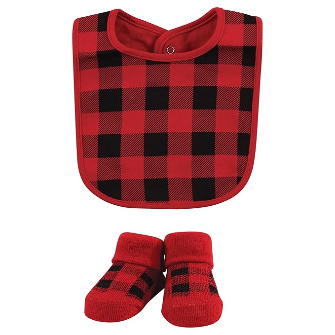 Hudson Baby Unisex Baby Cotton Bib and Sock Set, Buffalo Plaid Family, One Size