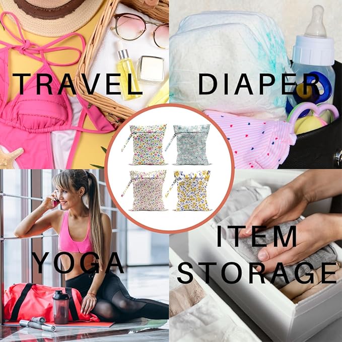4 Pack Cute Wet Bag Waterproof Washable Reusable Wet Dry Bag for Swimsuit Dirty Clothes Diaper Travel Beach Pool Gym Party Birthday Camping Toiletries Beach Essentials，Colorful Floral Wildflower