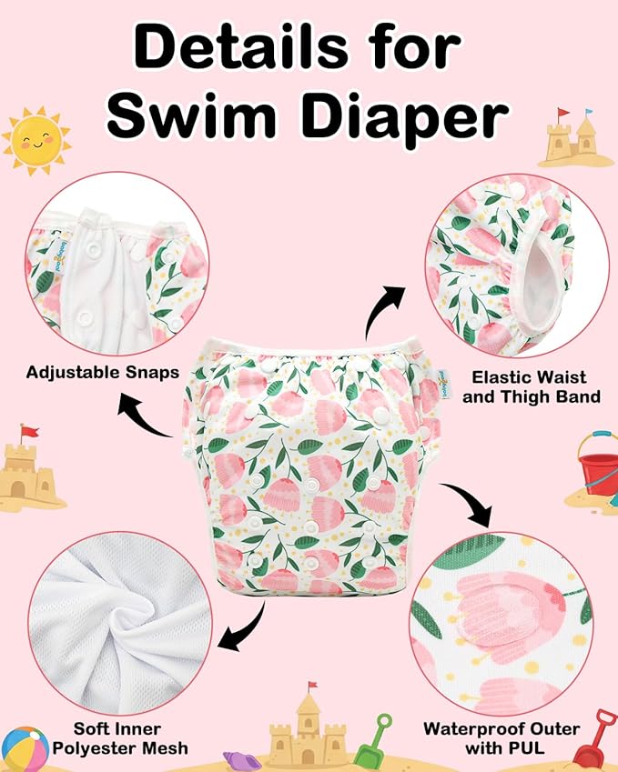 Babygoal Swim Diapers 3 Pack for 8 Months-3 Years Infant and Toddler Girl, Reusable Adjustable Washable for Baby Swimming Lessons 3ZSD42-B