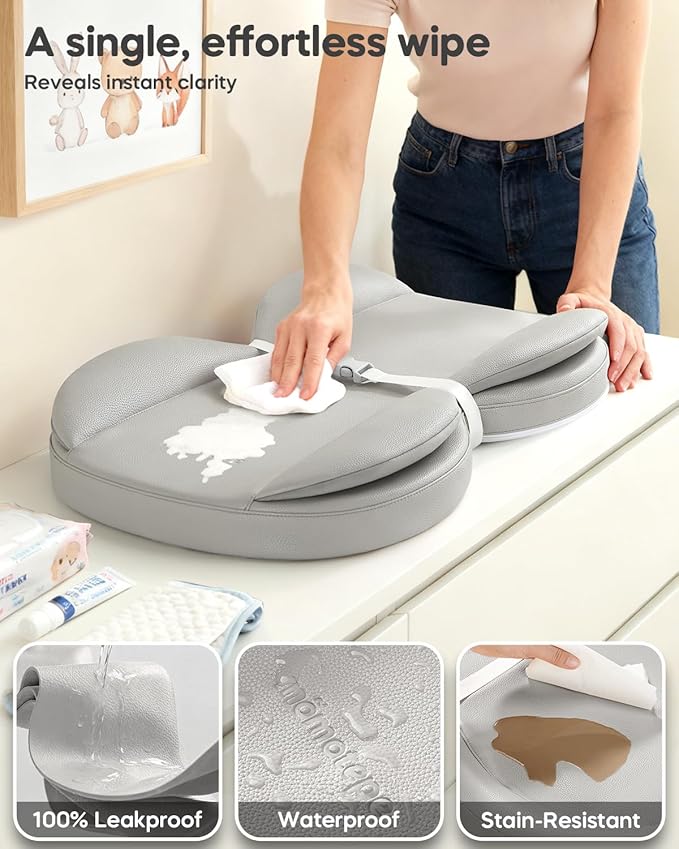 Baby Changing Pad, Waterproof Wipe-Clean PU Leather with High-Density Foam, Non-Slip Raised Edge Contour with Adjustable Safety Strap, for Dresser & Changing Table, 28"×16", Gray