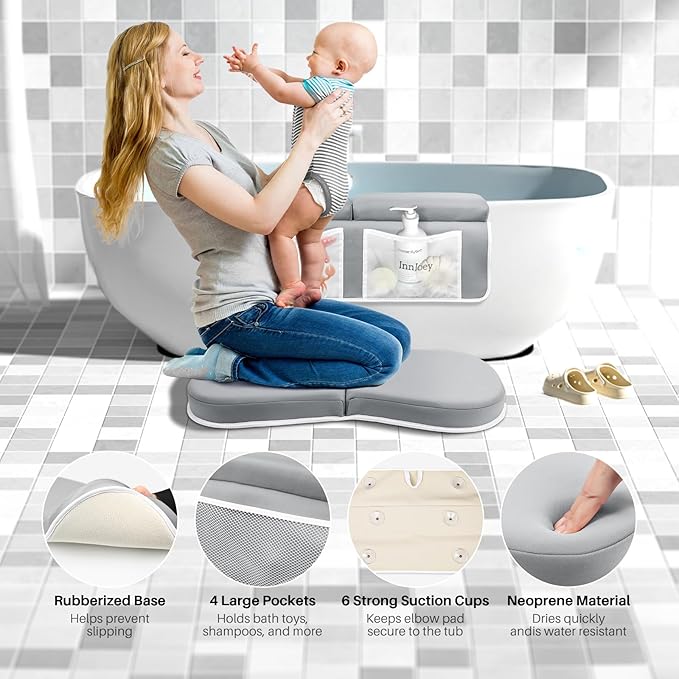 Bath Kneeler and Elbow Rest Pad Set, 1.6'' Extra Thick Bath Support for Knees and Elbows, Memory Foam Bath Mat with Toy Organizer Pockets, Quick-Dry Kneeling Pad for Bathing Grey