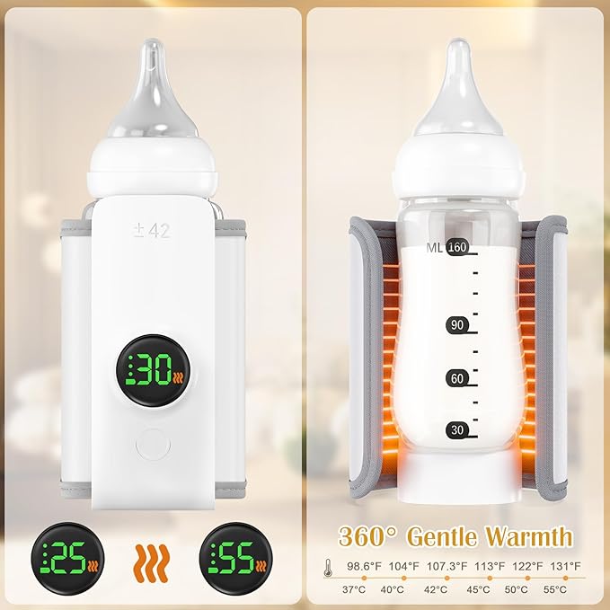 Portable Bottle Warmer with Live Display, 6-Speed Temp Control(37°C to 55°C / 98°F to 131°F), 6000mAh Battery and 360° Heating for Car, Stroller and Outdoor Use