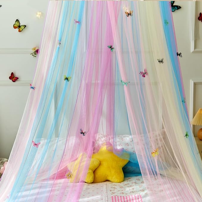 Rainbow Bed Canopy with Butterflies for Girls,Breathable Canopy Bed Curtain for Bed,Princess Play Tent for Kids Room Reading Nook
