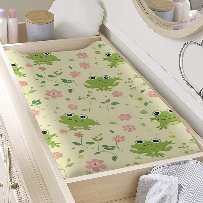 Changing Pad Covers for Boys Girls, Green Floral Frog Diaper Changing Table Pad Cover Soft Breathable Changing Mat Cover for 32''x16" Cute Birthday Gifts for Baby