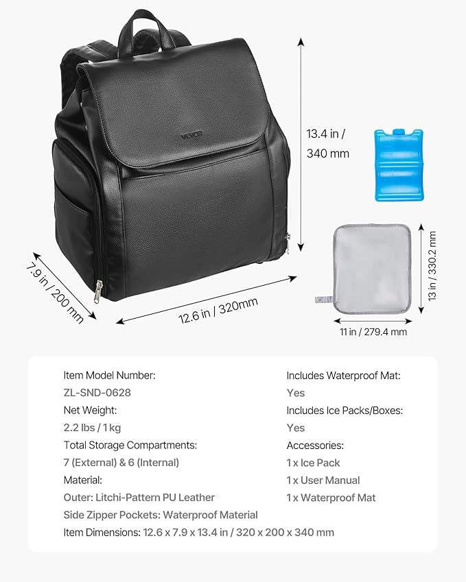 VEVOR Breast Pump Backpack, Breast Feeding Bag with Ice Pack, Compatible with Spectra S1 & S2, Portable Pump Carrying Case for Pump & Breastmilk Storage, Work, Travel, Daycare and Family Use, Black
