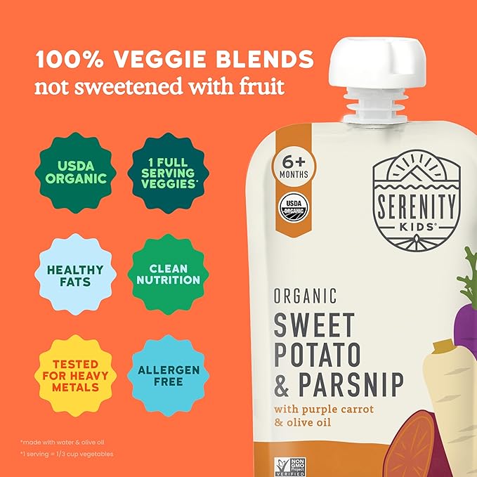 Serenity Kids 6+ Months Veggie Puree Baby Food Pouches - USDA Organic Baby Snacks - No Added Sugar Toddler Food - 1 Serving of Veggies for Toddler Snack - Sweet Potato & Parsnip - 3.5 Oz, Pack of 6