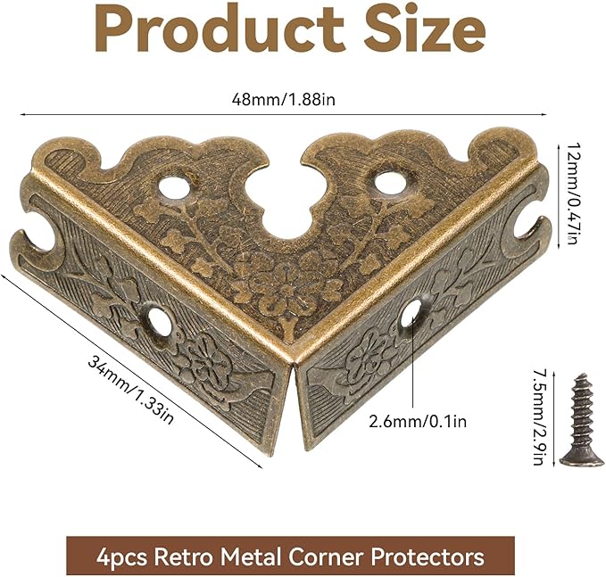 4 Pcs Decorative Corner Protectors 1.38" x 1.38" Retro Style Table Edge Guards Covers Vintage Furniture Corners with Mounting Screws Bronze Metal Bumpers for Picture Frame Jewelry Box Tables Cabinet