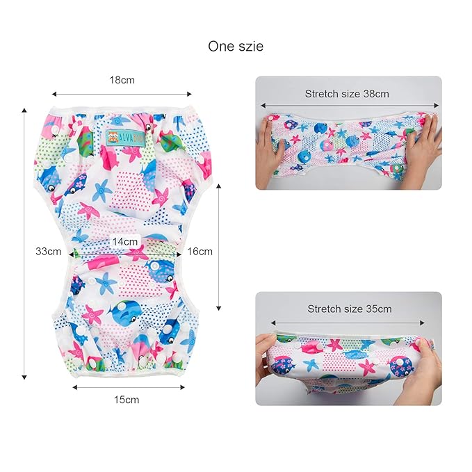 ALVABABY Swim Diapers 2pcs Baby & Toddler Snap One Size Reusable Adjustable Swim Diapers for Swim Classes Small