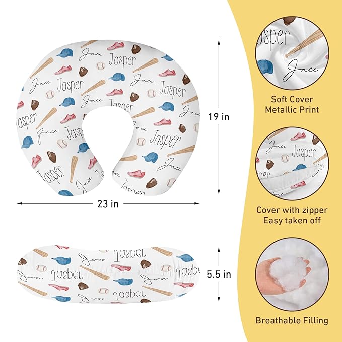 Baby Nursing Pillow Cover - Personalized Name Baseballs Theme Breastfeeding U-Shaped for Bottle Feeding, Ultra Soft Comfortable Breastfeeding Pillow Cover for Infant Baby Boys and Girls